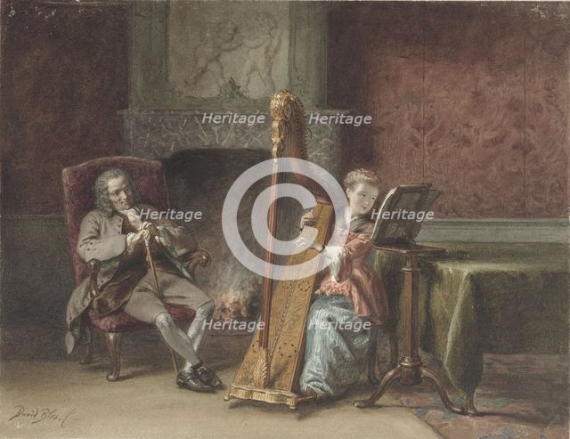 Interior with girl who plays harp and a gentleman in a chair watching, 1831-1892. Creator: David Joseph Bles.