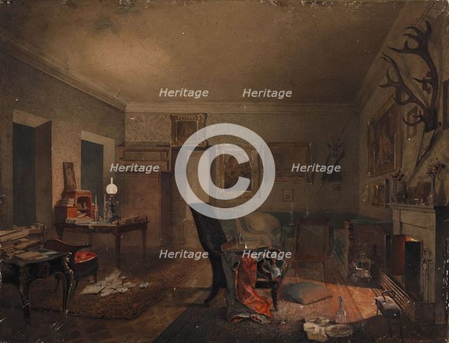 Interior with hunting trophies, 1853.