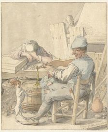 Interior with man playing violin, sleeping woman and dancing dog, 1616-1686. Creator: Pieter Moninckx