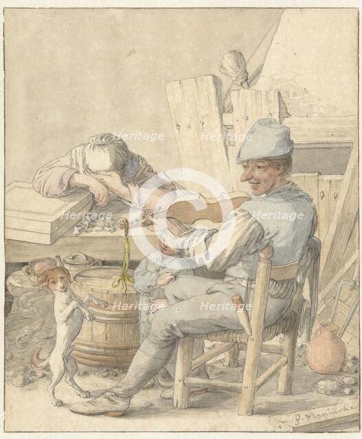 Interior with man playing violin, sleeping woman and dancing dog, 1616-1686. Creator: Pieter Moninckx.