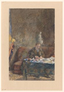 Interior with man writing on sofa behind the table, 1874-1918. Creator: Martinus van Andringa