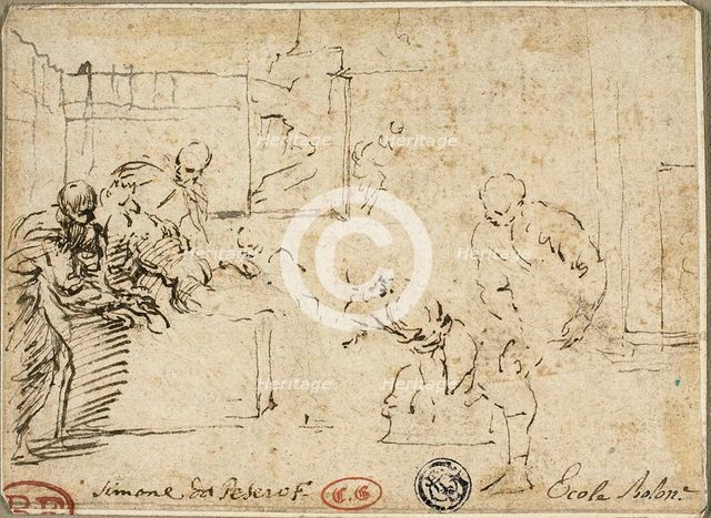 Interior with Male Nude Surrounded by Five Figures, n.d. Creator: Simone Cantarini.