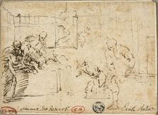 Interior with Male Nude Surrounded by Five Figures, n.d. Creator: Simone Cantarini