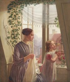 Interior with mother and daughter by window, 1853. Creator: Ludvig August Smith