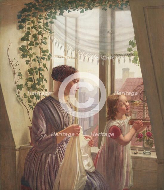 Interior with mother and daughter by window, 1853. Creator: Ludvig August Smith.