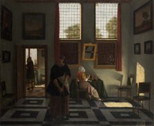 Interior with Painter, Woman Reading and Maid Sweeping, c1665-1670. Creator: Pieter Janssens Elinga