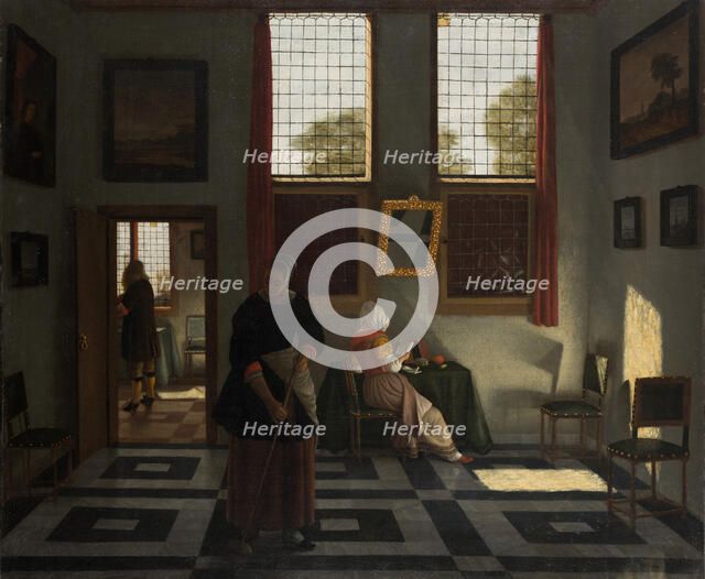 Interior with Painter, Woman Reading and Maid Sweeping, c1665-1670. Creator: Pieter Janssens Elinga.