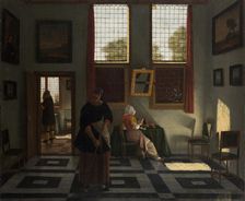 Interior with Painter, Woman Reading and Maid Sweeping, c1665-1670. Creator: Pieter Janssens Elinga