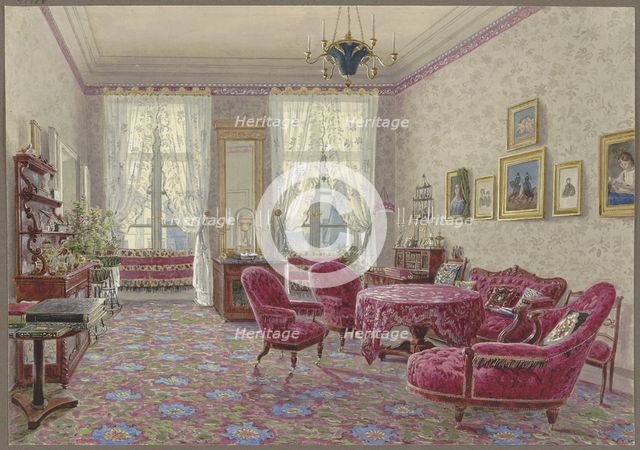 Interior with red furniture, 19th century. Creator: German, 19th century;.