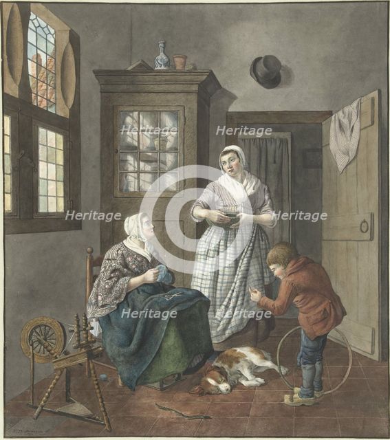 Interior with sewing woman, maid and playing boy, 1797. Creator: Hendrik Jan van Amerom.