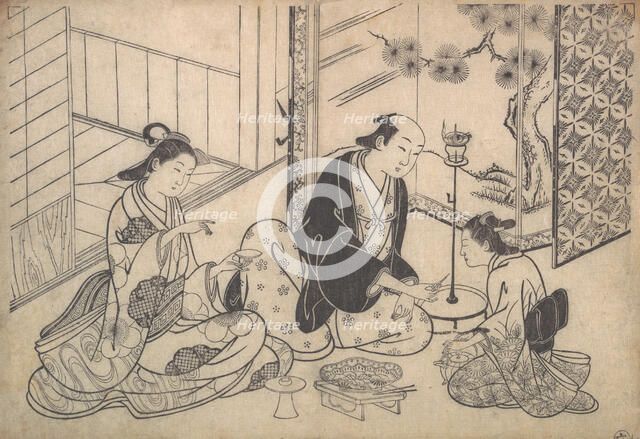 Interior, Three Figures: Sake Party, ca. 1730. Creator: Hasegawa Mitsunobu.