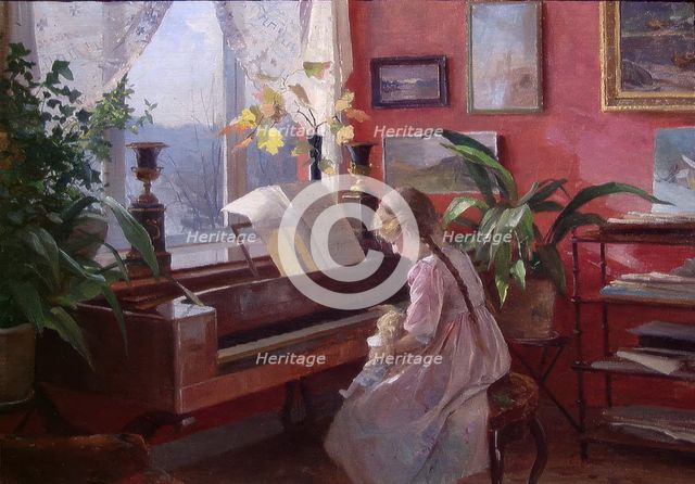 Interior - Victoria at the Piano, 1909. Creator: Even Ulving.