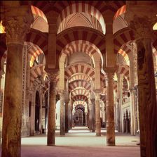 Interior view with columns of marble, jasper and granite in the Mosque of Cordoba