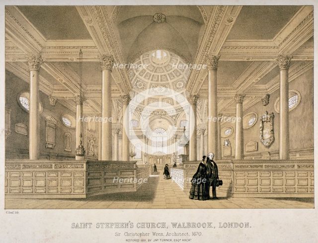 Interior view looking east, Church of St Stephen Walbrook, City of London, 1851. Artist: J Graf