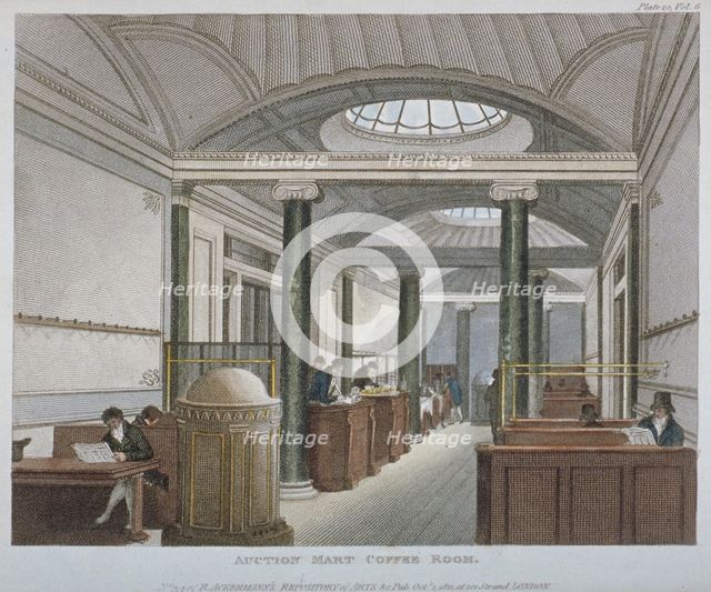 Interior view of the coffee room at the Auction Mart, Bartholomew Lane, City of London, 1811. Artist: Anon