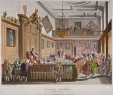 Interior view of the College of Arms Hall with figures engaged in discussion, City of London, 1808. Artist: Augustus Charles Pugin