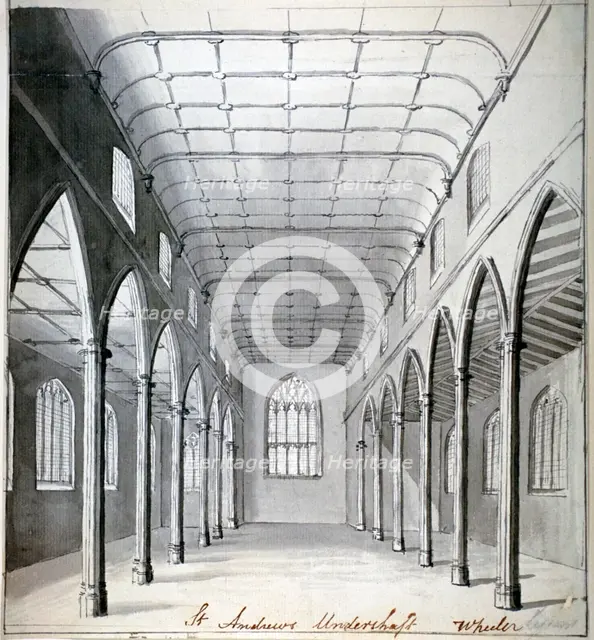 Interior view of the Church of St Andrew Undershaft, Leadenhall Street, London, c1820(?). Artist: Wheeler