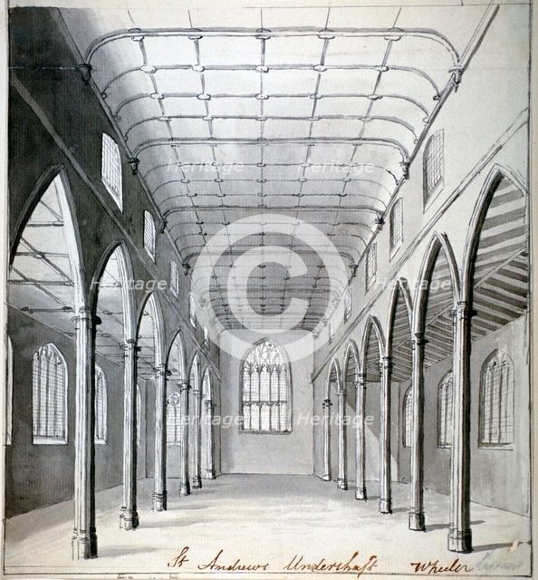 Interior view of the Church of St Andrew Undershaft, Leadenhall Street, London, c1820(?). Artist: Wheeler