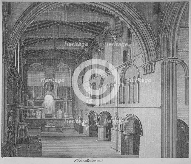 Interior view of the Church of St Bartholomew-the-Great, Smithfield, City of London, 1800. Artist: James Peller Malcolm