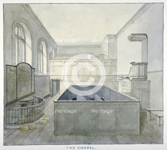 Interior view of the chapel in Newgate Prison, Old Bailey, City of London, 1840. Artist: Frederick Nash