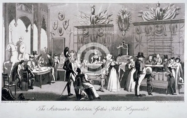 Interior view of the Automaton Exhibition in the Gothic Hall, Haymarket, London, 1826.               Artist: Theodore Lane