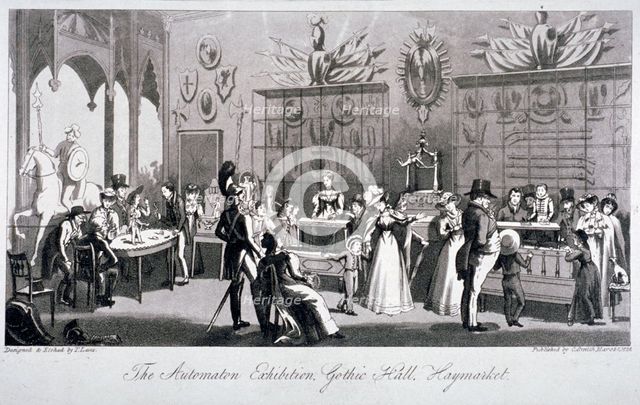 Interior view of the Automaton Exhibition in the Gothic Hall, Haymarket, London, 1826.               Artist: Theodore Lane