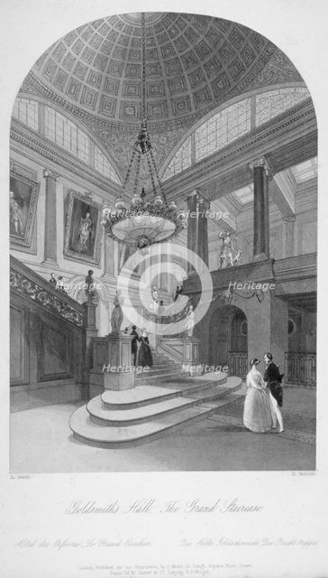 Interior view of the Goldsmiths' Hall showing the grand staircase, City of London, 1840.     Artist: Harden Sidney Melville       