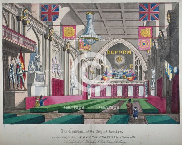 Interior view of the Guildhall decorated for the Reform Festival, City of London, 1832. Artist: Anon