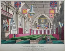 Interior view of the Guildhall decorated for the Reform Festival, City of London, 1832. Artist: Anon