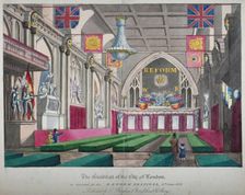 Interior view of the Guildhall decorated for the Reform Festival, City of London, 1832. Artist: Anon
