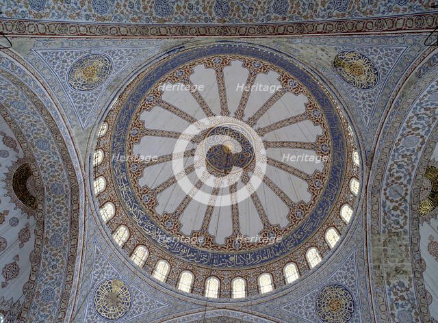 Interior view of the dome of the Blue Mosque in Istanbul.