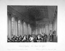 Interior view of the Five Pound Note Office at the Bank of England, City of London, c1840. Artist: Harlen Melville