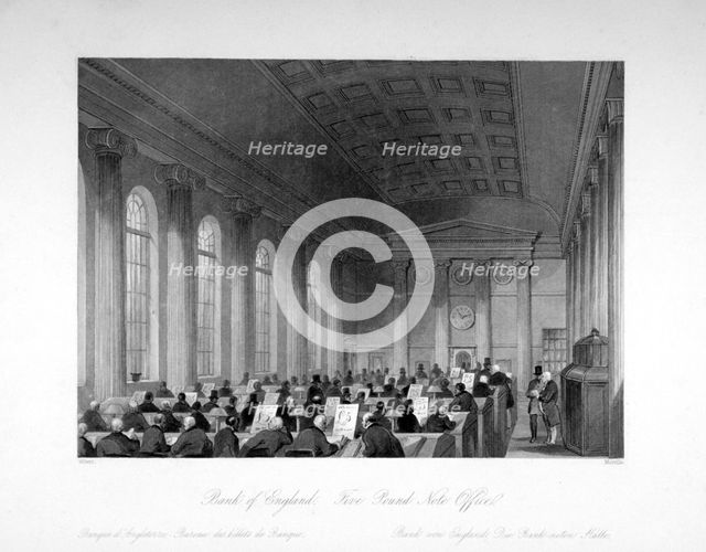 Interior view of the Five Pound Note Office at the Bank of England, City of London, c1840.           Artist: Harlen Melville