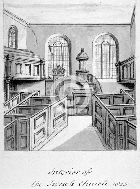 Interior view of the French Protestant Church, Threadneedle Street, City of London, 1825. Artist: Anon