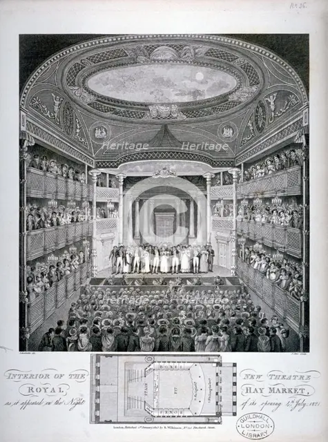 Interior view of the Haymarket Theatre, London, on its opening night in 1821 (1823).                 Artist: James Stow