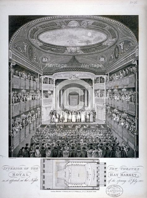 Interior view of the Haymarket Theatre, London, on its opening night in 1821 (1823).                 Artist: James Stow