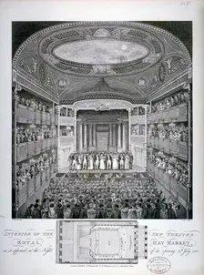 Interior view of the Haymarket Theatre, London, on its opening night in 1821 (1823). Artist: James Stow