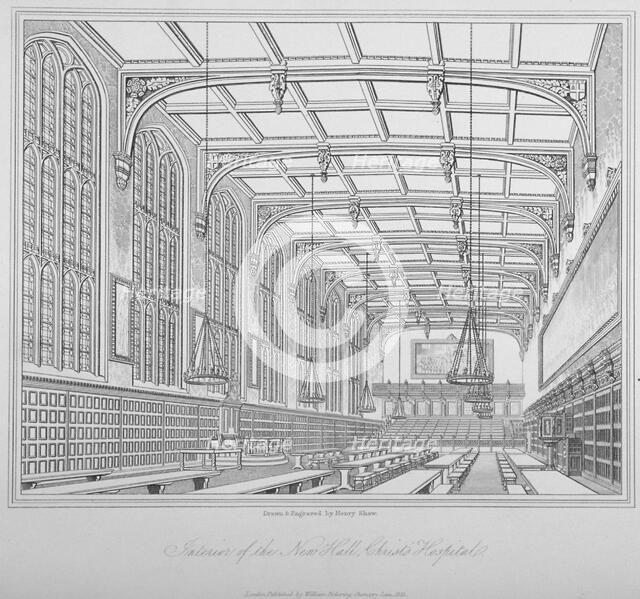 Interior view of the hall, Christ's Hospital, City of London, 1833. Artist: Henry Shaw