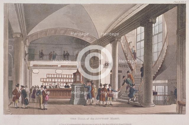 Interior view of the hall in the Auction Mart, Bartholomew Lane, City of London, 1811. Artist: Anon