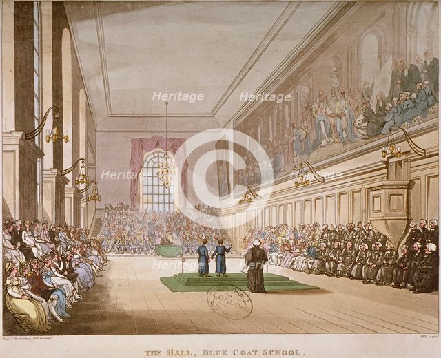 Interior view of the hall of Christ's Hospital, with an event taking place, City of London, 1808. Artist: Augustus Charles Pugin