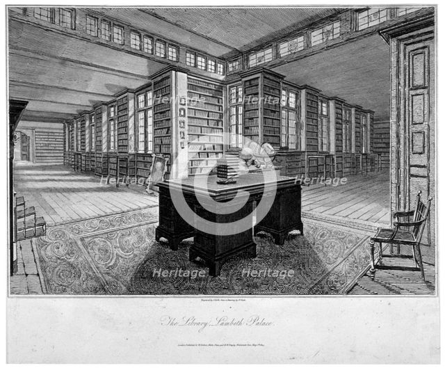 Interior view of the library at Lambeth Palace, with a desk in the foreground, 1805.      Artist: John Roffe