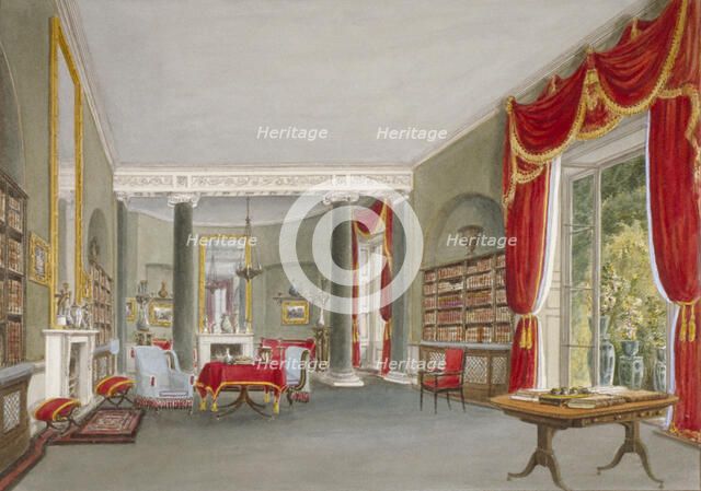 Interior view of the library drawing room in Bromley Hill, Bromley, Kent, 1816. Artist: John Buckler