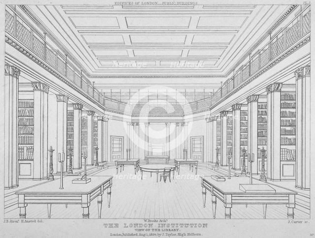 Interior view of the library in the London Institution, Finsbury Circus, City of London, 1824.  Artist: James Carter