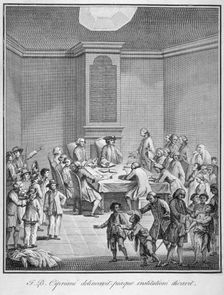 Interior view of the Marine Society's office over the Royal Exchange, City of London, 1758. Artist: Anon