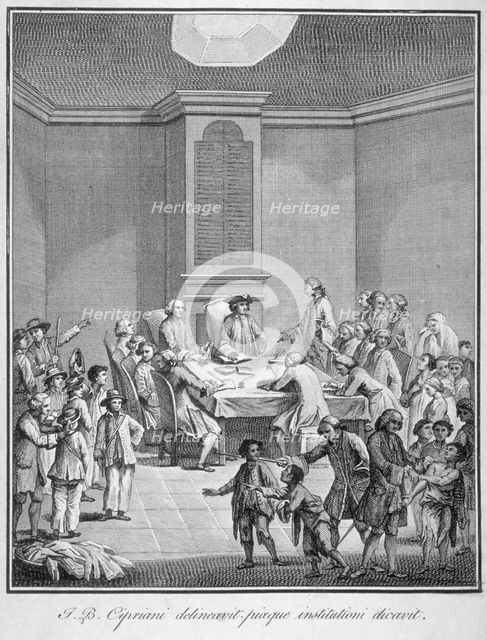 Interior view of the Marine Society's office over the Royal Exchange, City of London, 1758. Artist: Anon