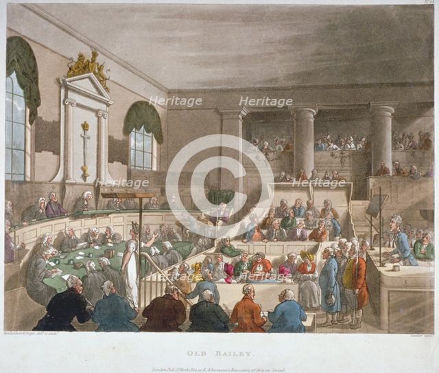 Interior view of the Sessions House, Old Bailey, with a court in session, City of London, 1809. Artist: Augustus Charles Pugin