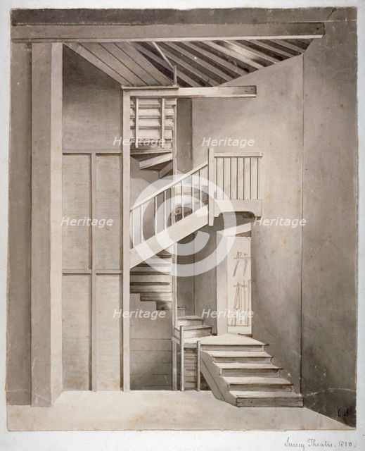 Interior view of the staircase in Surrey Theatre on Blackfriars Road, Southwark, London, 1810. Artist: Clarkson Stanfield