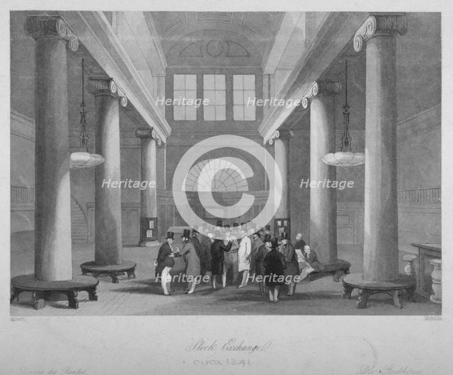 Interior view of the Stock Exchange, Bartholomew Lane, City of London, 1841. Artist: Harlen Melville