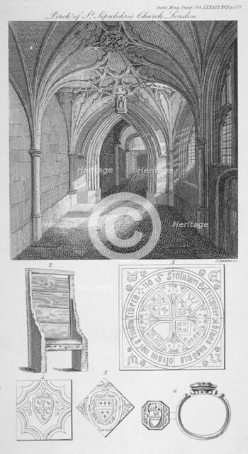 Interior view of the porch of St Sepulchre Church, City of London, 1819. Artist: J Swaine