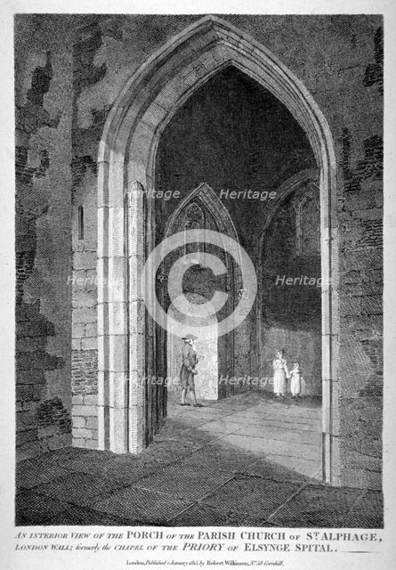 Interior view of the porch of the Church of St Alfege, London Wall, London, 1815.                    Artist: William Wise